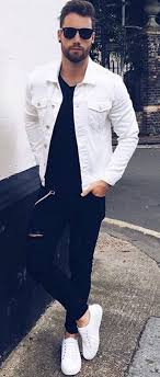 Monochrome Fall Combo With A White Denim Jacket Black T Shirt Sunglasses Black Distressed Jean Jacket Outfits Jean Jacket Outfits Men White Jean Jacket Outfits