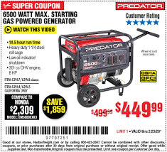 Predator 6500 Watt Max Starting Gas Powered Generator For 449 99 Gas Powered Generator Power Generator Harbor Freight Tools