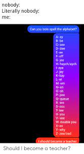 Please find below many ways to say nobody in different languages. Nobody Literally Nobody Me Can You Bois Spell The Alphabet A Ay B Be C See D Dee E Ee F Eff G Jee H Haychaych I Eye J Jay K Kay L El M Em N En O Oh P Pee Q Queue R Are S Ess