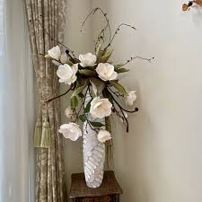 Magnolia Silk Flower Arrangement With White Tall Vase For Corner Stand Tall Vase Arrangements Artificial Flowers Decor Flower Arrangements Simple