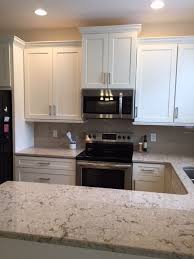Vest Kitchen After Antique White Shaker Cabinets Cambria Windermere Countertop White Shaker Cabinets Cabinet Hardware Brushed Nickel White Kitchen Cabinets