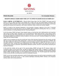 Meeting planner for new york, new york and malaysia. Press Release For Immediate Release Resorts World