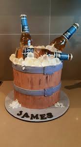 Beer Barrel 1 Tier Fondant - white theme with beer bottle and white ice chunks