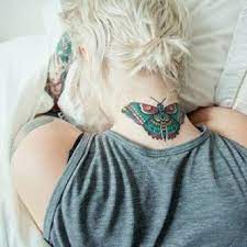 Butterfly Behind The Neck Tathunting For Neck Tattoos Colorful Butterfly Tattoo Girl Tattoos Butterfly Neck Tattoo