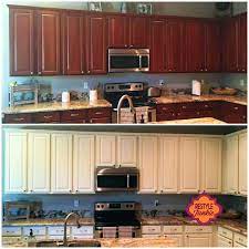 Cabinets refinished to a custom off white finish with heavy glaze and oh that backsplash! Antique White Kitchen Cabinet Makeover Antique White Kitchen Cabinets Kitchen Cabinets On A Budget Kitchen Cabinets
