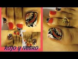 Si te gusta este diseño ¡anímate. Pedicure Con Rojo Y Negro Mas Flores Facil Black Red Fall Design Toe Nail Art