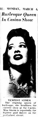 March 1-7, 1957 Tempest Storm Casino Burlesk Diamond & Smithfield, Downtown 