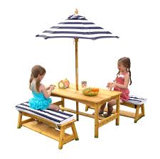 Kidkraft Outdoor Table Bench Set With Cushions Umbrella Navy White Stripes Walmart Com In 2020 Table And Bench Set Kids Outdoor Table Outdoor Tables