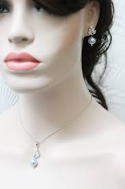 LEAH // Blush Pink Bridal Necklace and Earring Set Petite Leaf Earrings  Blue Pearl Drop Bridal Bridesmaid Earrings Vine Wedding Jewelry Set