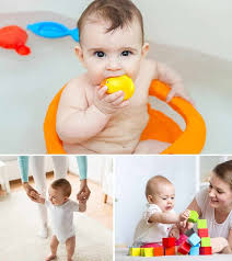 Before you give a baby a bath, gather all of your supplies, like a towel, a pitcher, soap, and a clean diaper. 15 Games And Activities For 6 Month Old Baby