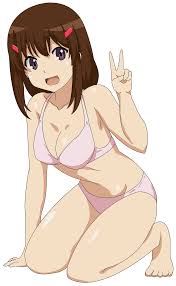 fujimiya konomi, non non biyori, absurdres, highres, tagme, 1girl, bikini,  breasts, brown hair, cleavage, female focus, hair ornament, kneeling,  looking at viewer, open mouth, purple eyes, smile, solo, swimsuit - Image  View - |