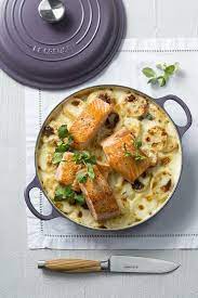 Potato Bake With Grilled Salmon Fillets Le Creuset Amethyst Buffet Casserole Le Creuset Recipes Le Crueset Recipes Cooking Salmon