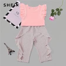 Us 12 56 42 Off Shein Toddler Frill Top With Ruffle Striped Pants Set Casual Child Teenage Girls Clothing 2019 Korean Fashion Suit Kids Clothes In