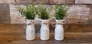 Farmhouse Milk Bottle Trio Rustic Milk Bottles Farmhouse Decor Custom Paint And Greenery Milk Bottle Vases Farmhouse Decor Milk Bottle
