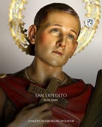 San Expedito fue un soldado romano del siglo IV que fue martirizado por  convertirse al cristianismo. Según la tradición, en el momento de la  conversión, el demonio se le apareció en forma
