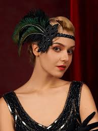 1920S Ikat Kepala Flapper Bulu Topi Besar Gatsby Hiasan Kepala Bulu Antik +  Pita Elastis Penutup Kepala Penghangat Rajut