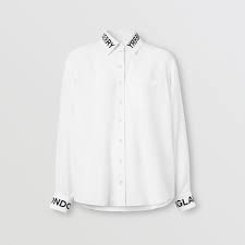 Logo Print Silk Crepe De Chine Shirt In Optic White Women Burberry Recreated for the changing seasons in tailored cotton poplin, soft flannel wool or fluid silk, our white shirts come in a variety of textures and fits, ranging from slim to oversized. logo print silk crepe de chine shirt in optic white women burberry