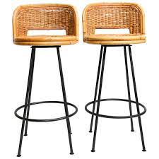 Vintage authentic factory shop steel and maple stool. Pair Of Vintage Swivel Woven Rattan Bar Stool 1960s For Sale At 1stdibs