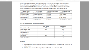 These costs include the physical items which are essential for manufacturing. they usually include the cost of the property where the manufacturing is taking place and its depreciation, purchasing new machines, repair costs of new machines and other similar costs. Solved Dfc Inc Has Budgeted Manufacturing Overhead Costs Of 2 195 000 It Has Allocated Overhead On A Plant Wide Basis To Its Two Products Soft Course Hero