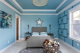 Boys room in blue color and toy. Blue Boy Bedroom With Gray Slipcovered Bed Contemporary Boy S Room