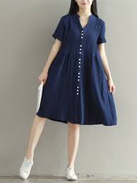 Vintage Split Short Sleeve Women Loose Buttons Dresses Gaya Model Pakaian Pakaian Wanita Model Baju Wanita