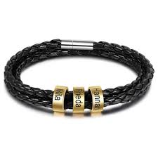Sterling silver gifts for men: Father S Day Gifts Men Braided Leather Bracelet With 3 Small Personalised Gold Beads