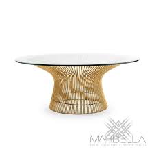 Transitional style coffee table featuring natural gray rectangular top and brushed stainless steel base. Marbella Event Furniture Decor Rental Strand Coffee Table