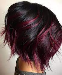 Angled cut with warm hues. Black Hair With Red Balayage Short Balayage Hair