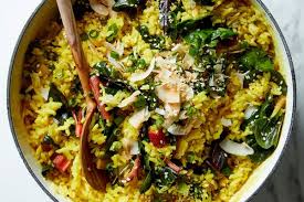 One Pot Turmeric Coconut Rice With Greens Recipe Greens Recipe Coconut Rice Cooking With Turmeric