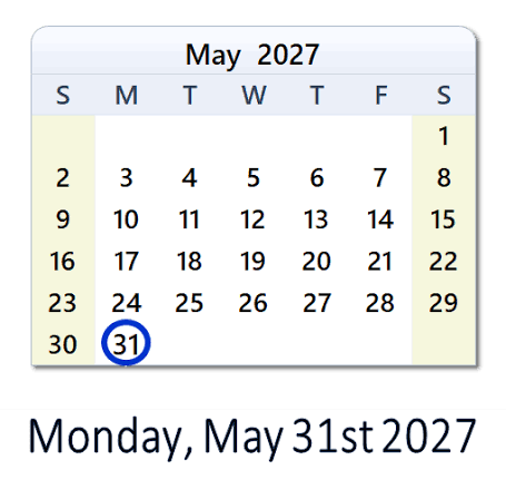 May 31, 2027 Calendar with Holidays & Count Down - USA