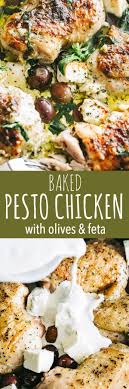 Baked Pesto Chicken With Olives And Feta Tender Flavorful And Juicy Baked Chicken Cooked In A Creamy Basi Chicken Pesto Recipes Olive Recipes Pesto Chicken