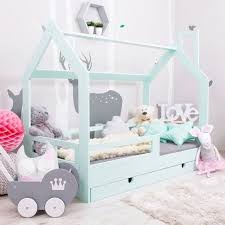 Solid Wood House Frame Bed In Mint Is Made In Europe And Follows The Montessori Approach It Is Handmad Bebek Odasi Mobilya Cocuk Yatak Odasi Fikirleri Ev Icin