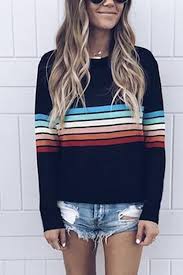 Favshe Women S Casual Top Long Sleeve Rainbow Striped T Shirt With Images Striped Long Sleeve Long Sleeve Casual Casual Blouse