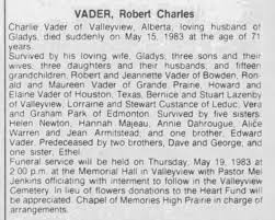 Obituary for Robert VADER (Aged 71)