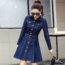 Hot Summer Long Sleeve Denim Dress Women Knee Length Casual Party Jeans Dresses Slim Plus Size Womens Denim Dress Denim Dresses Online Long Sleeve Denim Dress