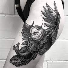 The flying owl tattoo by okanuckun is a marvelous picture of the seized moment of the owl glorious flight along the mountain ridge under the moonlight. 73 Best Owl Tattoos Design Ideas January 2021 Owl Thigh Tattoos Hip Tattoos Women Thigh Tattoo