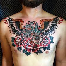 This American Traditional Chest Piece Would Make Any Biker Proud Inked Inkedmag Tatt Harley Davidson Clothing Harley Davidson Tattoos Harley Davidson Women