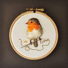 Bird on branch machine embroidery. Original Hand Embroidery Of A Robin From The Garden Bird Collection This Beautifully Deta Brazilian Embroidery Brazilian Embroidery Stitches Animal Embroidery