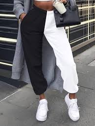 Pantalon Jogging Bicolore Longue Oversized Mode Femme Blanc Et Noir Pantalon Bas