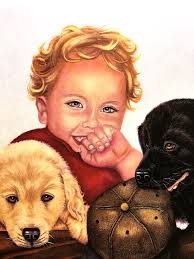 Vtg Pair Of Children Prints Boy Girl Puppies Pittman Approx 8 X 10 Childs  Room