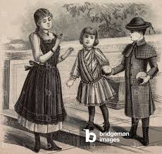 Image of 10-12 year-old girl in pinafore, 5-7 year-old girl in striped