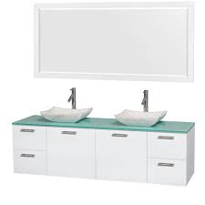 Wyndham Collection Amare 72 In Double Vanity Cabinet In Glossy White With Glass Vanity Top In Green With Marble Basin And 70 In Mirror Glass Countertops Single Bathroom Vanity White Vanity Bathroom