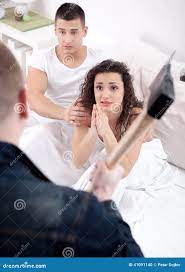Angry Husband with Hatchet Caught Cheating Wife with Lover Stock Photo -  Image of conflict, lover: 41091140
