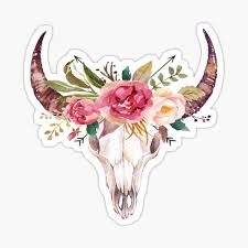 Watercolor cow skull with flowers and feathers decoration. Bull Skull Stickers Redbubble