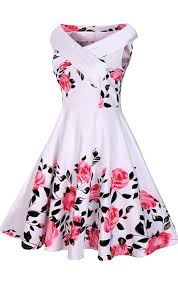 Rose Print 50s Sleeveless Dress Women Cheap Dresses Casual Dresses Retro Dress