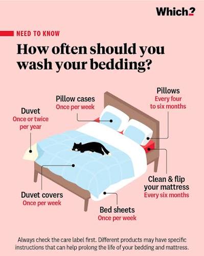 How often should you wash your bedding? 🧼 ✓ Bed sheets, pillowcases and duvet covers – once a week (or more often if needed!) ✓ Duvet – once or twice a year