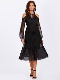 Black Mesh Overlay Open Shoulder Cutout Eyelash Hem Dress Beautiful Black Dresses Black Long Sleeve Dress Elegant Party Dresses