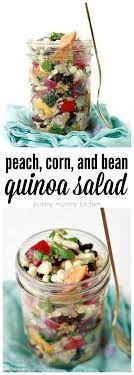 Vegan Quinoa Salad With Avocado Beans Corn And Peaches Recipe Vegan Quinoa Salad Quinoa Salad Vegan Quinoa