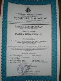 Piagam penghargaan dibuat oleh tim yang dipercaya memiliki kredibilitas dan dipercaya untuk menyatakan peserta telah mencapai prestasi terbaiknya. Perpisahan Smpn 1 Malingping Mariam Risnawati Blogger Malingping