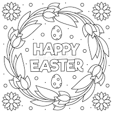 This advent wreath coloring page has four lit candles in a wreath of holly and berries tied with a ribbon. Happy Easter Coloring Page Wreath Vector Illustration Stock Vector Illustration Of Adult Wreath 140722847